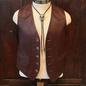 Vintage Men’s Brown Leather Vest Buffalo Silver Nickel Buttons Size 36” Chest